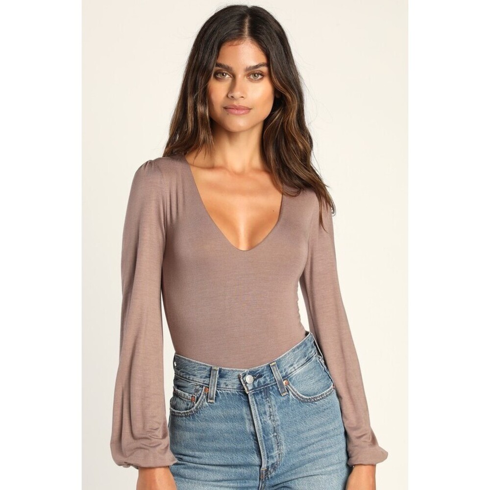 Lulus Basics Kaylene Taupe V-neck Balloon Sleeve Bodysuit - Size M